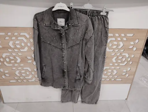 Two Piece Jeans Tracksuit Set - Grey